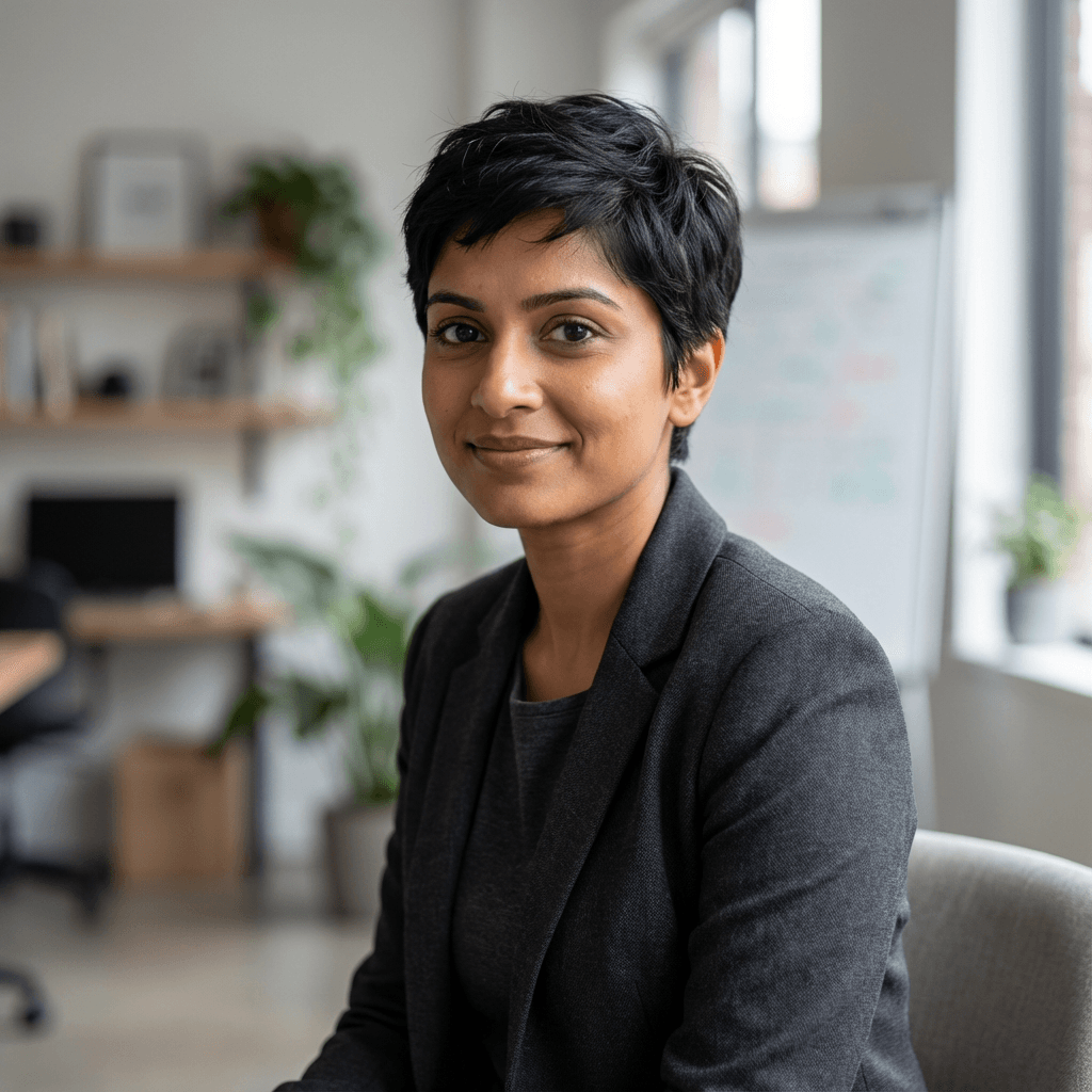 Aisha Patel smiling in an office