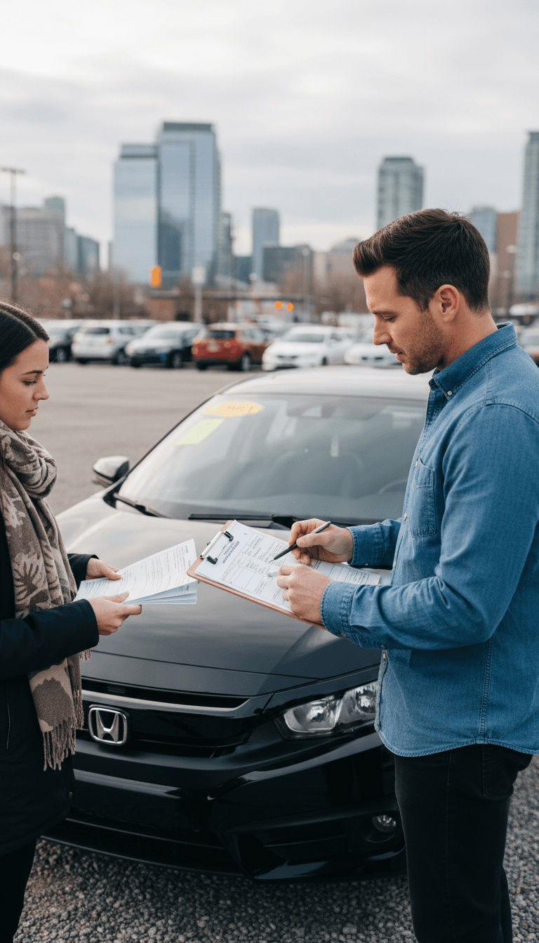 Salesperson reviewing vehicle paperwork with a buyer at a Toronto used car dealership