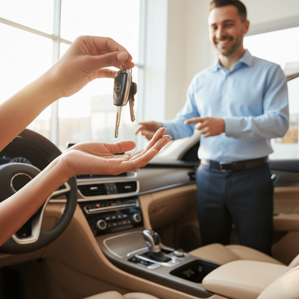 Car salesman handing vehicle keys to a buyer in a Toronto parking lot